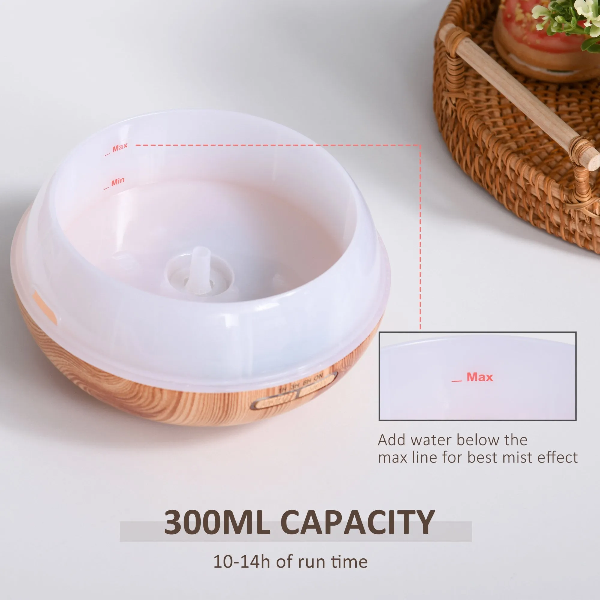 300ml Essential Oil Diffuser for Essential Oils Aromatherapy Diffuser Humidifier with Timer, 7 Colors Lights Changing, USB Connection, Auto-off for Home and Office, Wood Effect Brown & Water w/ Timer Auto Shutdown