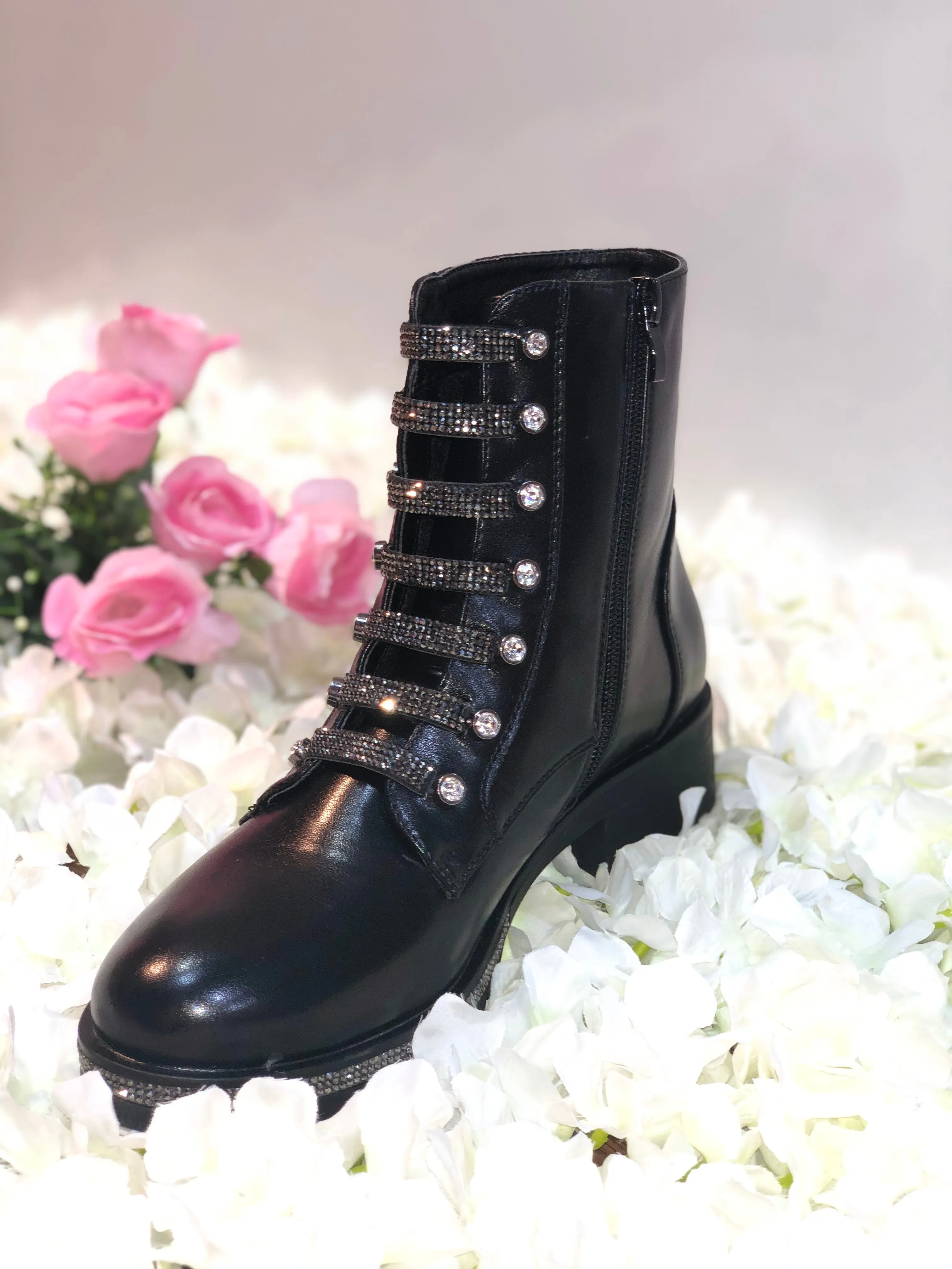 BLACK DIAMANTE LEATHER LOOK ANKLE BOOT