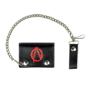Black Leather Tri-Fold Wallet w/ Red Anarchy Symbol Detail