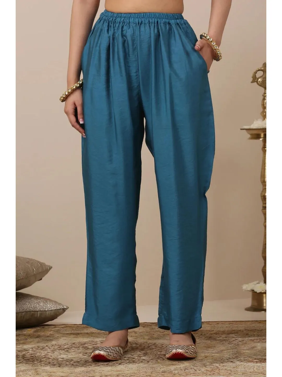 Blue & Green Silk Printed Kurta Suit & Dupatta