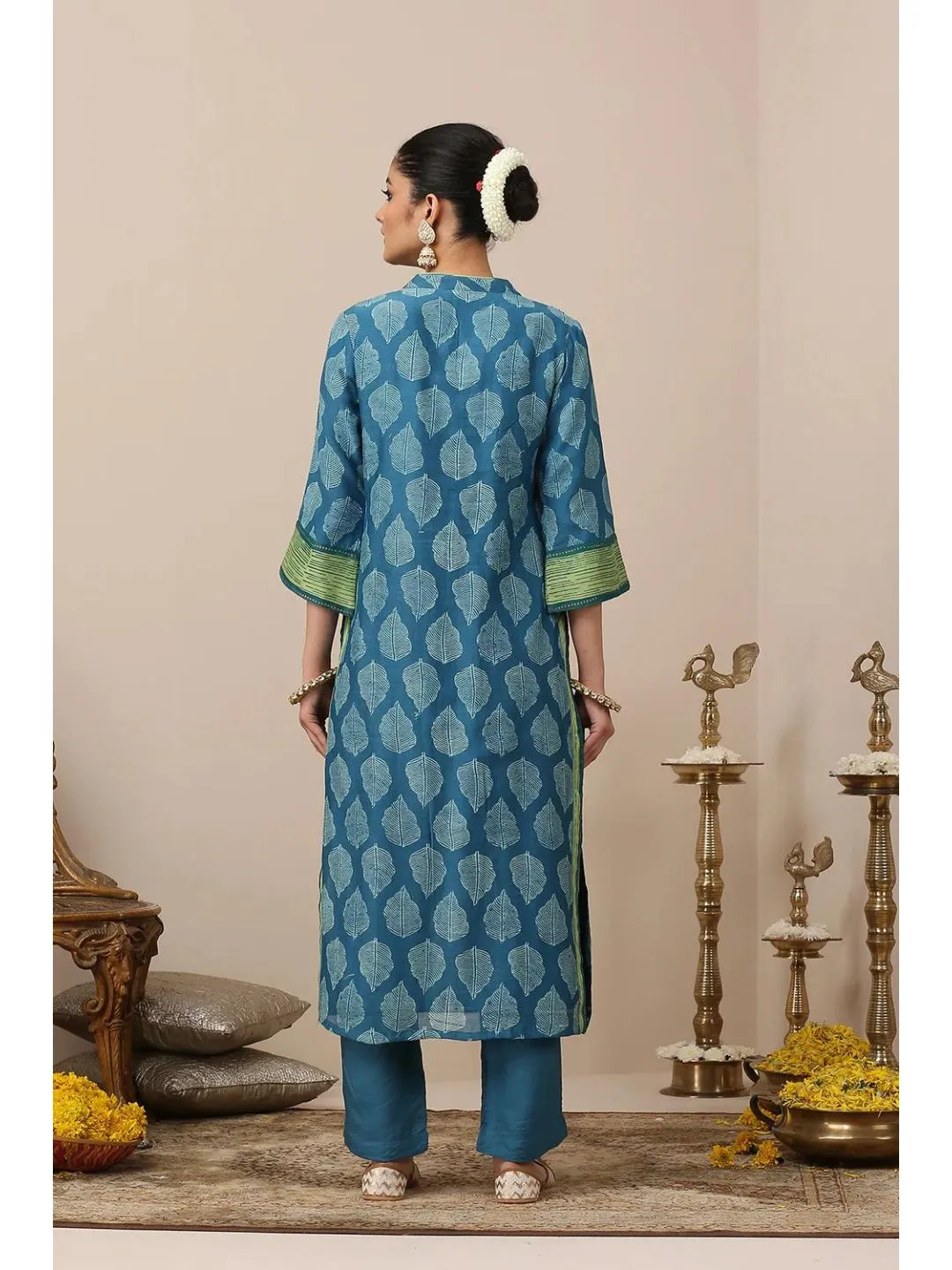 Blue & Green Silk Printed Kurta Suit & Dupatta