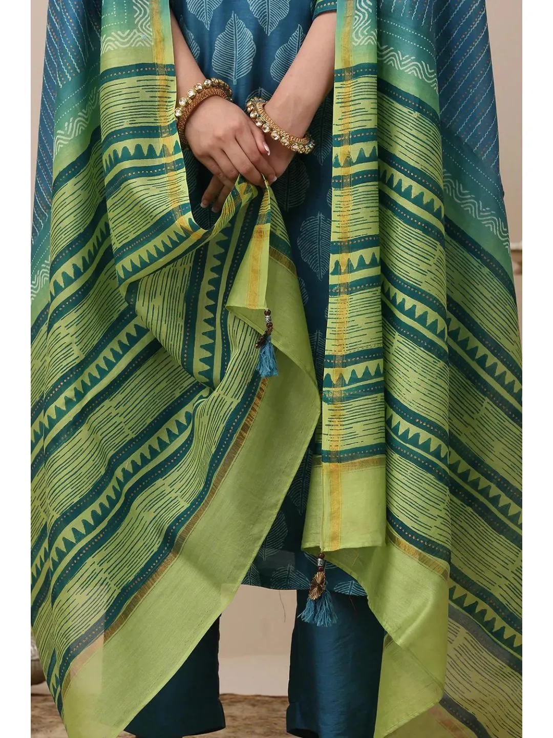 Blue & Green Silk Printed Kurta Suit & Dupatta