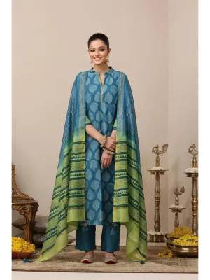 Blue & Green Silk Printed Kurta Suit & Dupatta