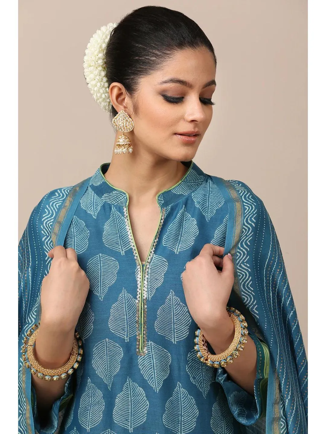 Blue & Green Silk Printed Kurta Suit & Dupatta