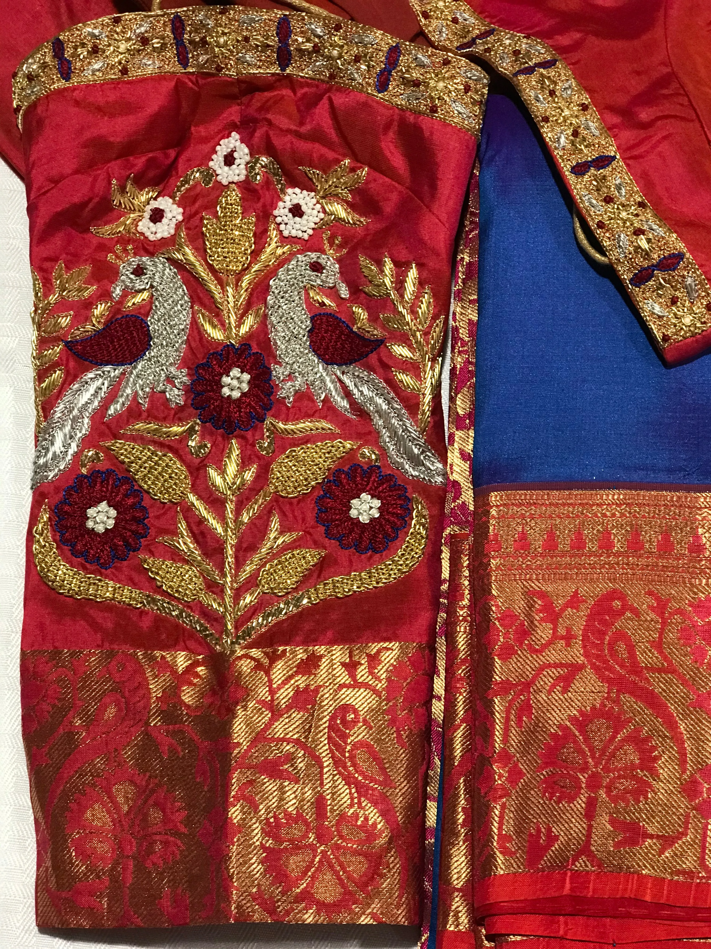 Blue & Red Color Combo Pure Silk Saree With Stitched Work Blouse