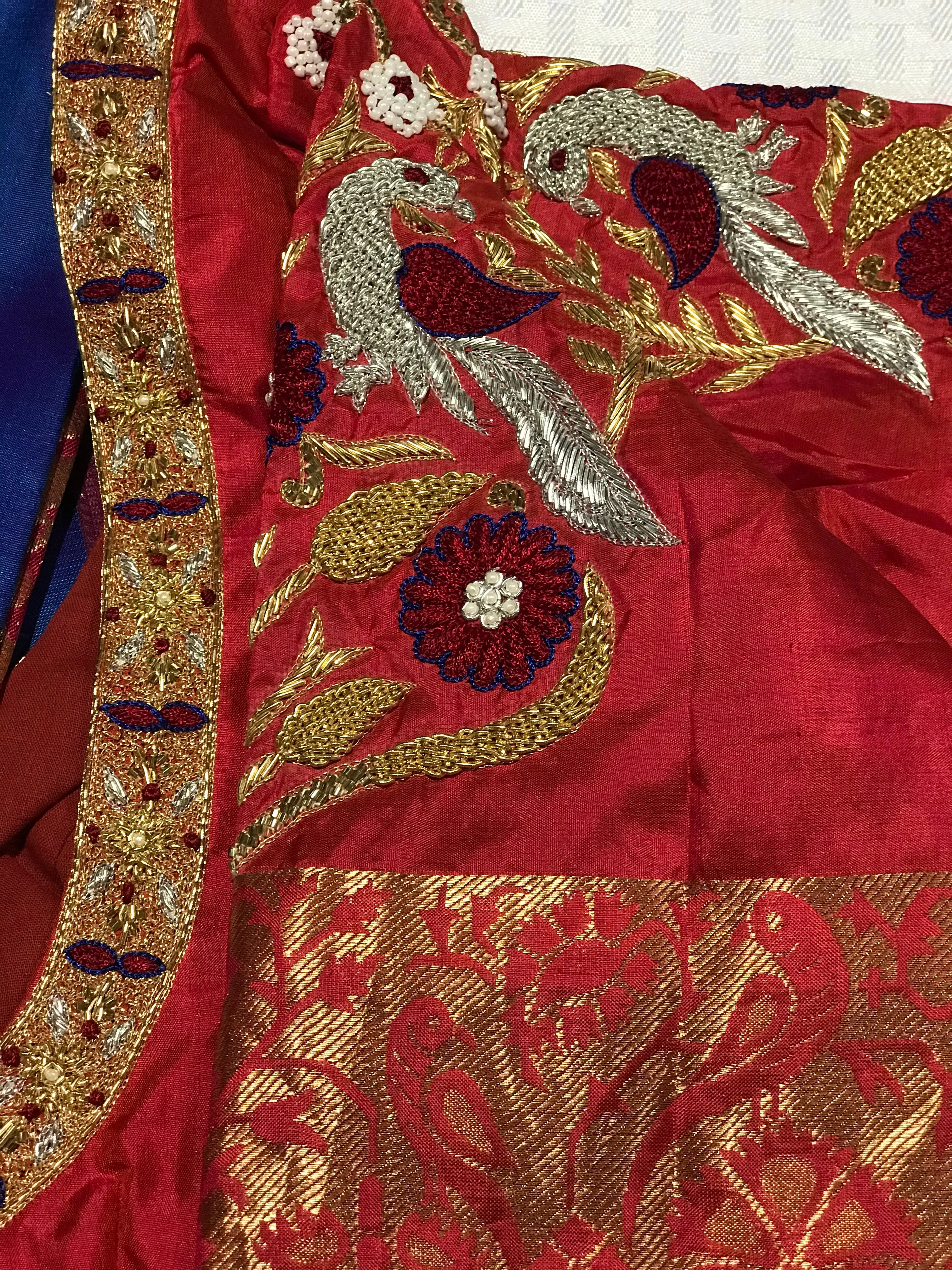 Blue & Red Color Combo Pure Silk Saree With Stitched Work Blouse