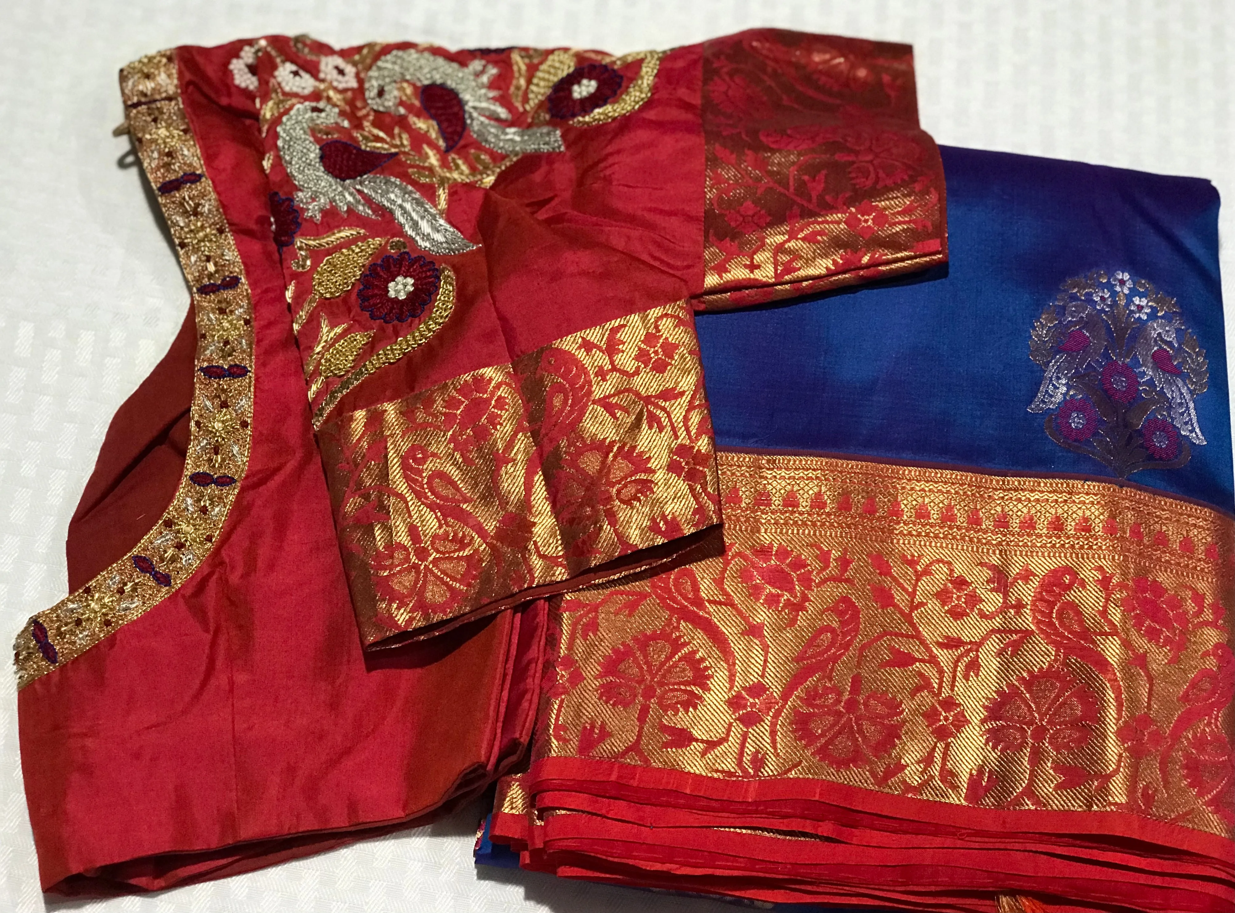 Blue & Red Color Combo Pure Silk Saree With Stitched Work Blouse