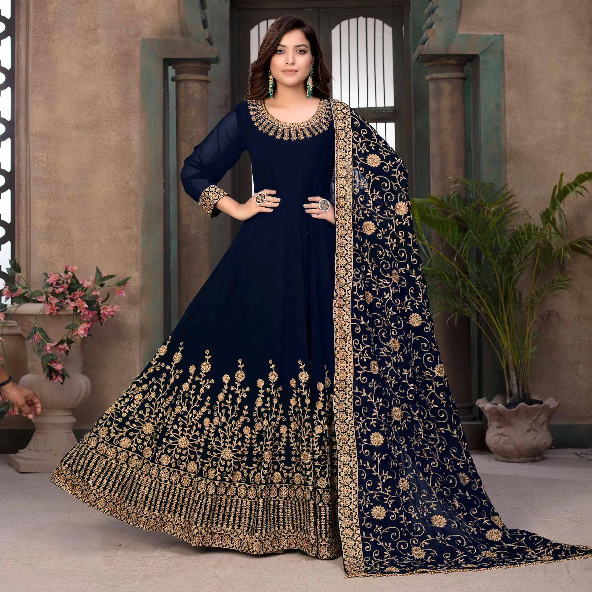 Blue Partywear Embroidered Georgette Anarkali Suit