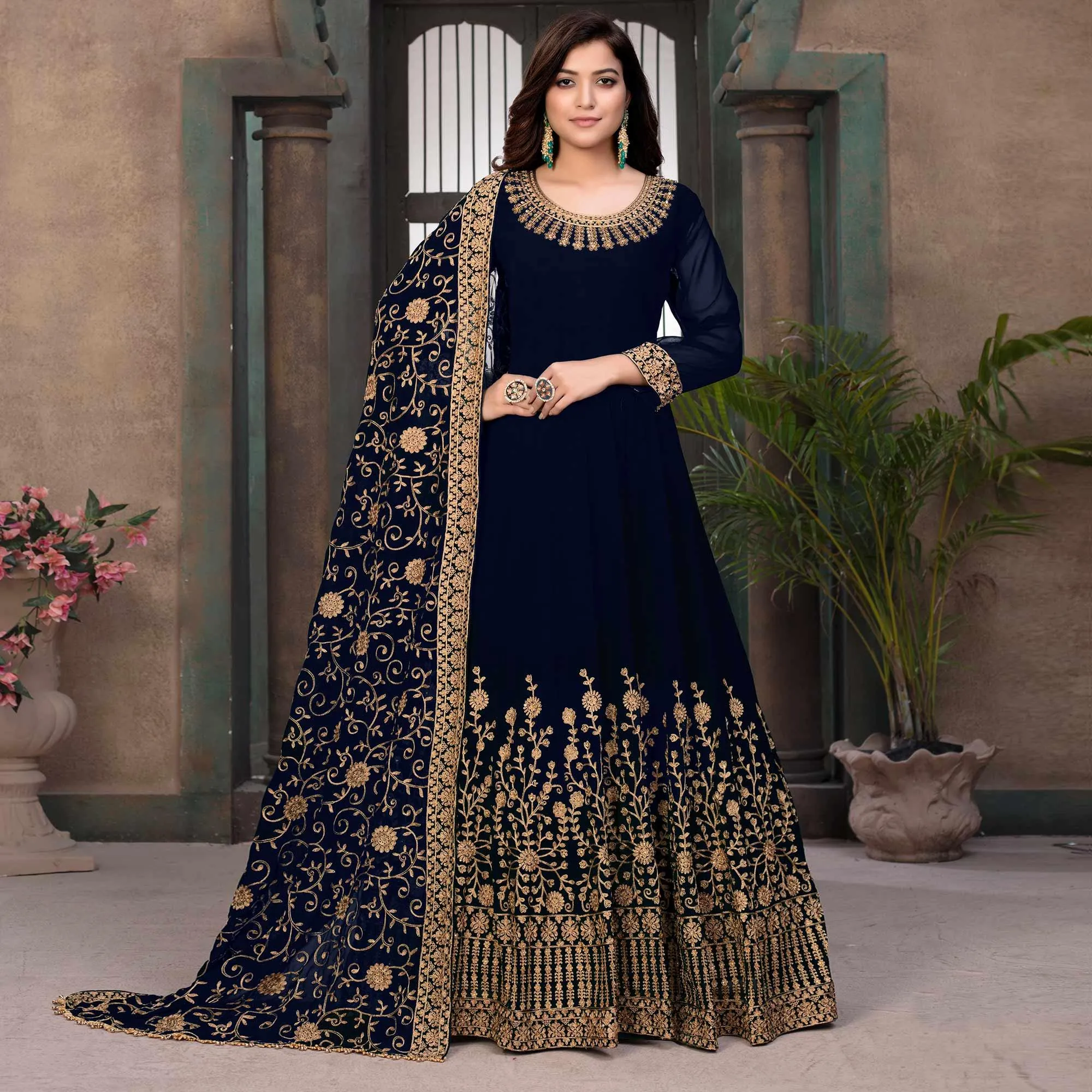 Blue Partywear Embroidered Georgette Anarkali Suit
