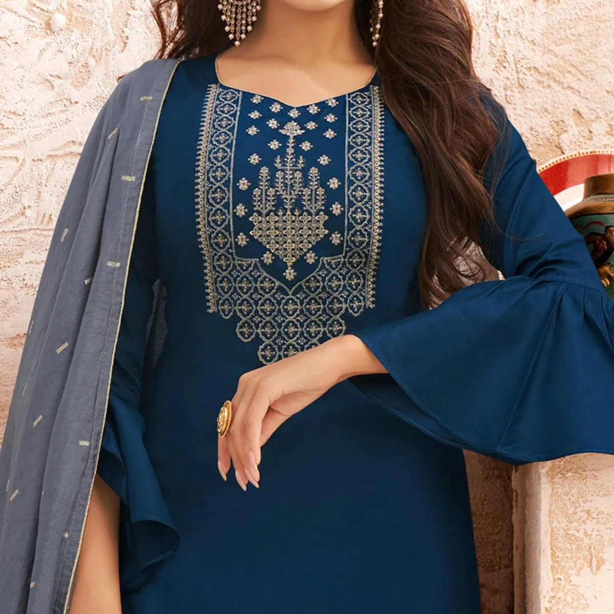 Blue Partywear Embroidered Jaam Silk Suit