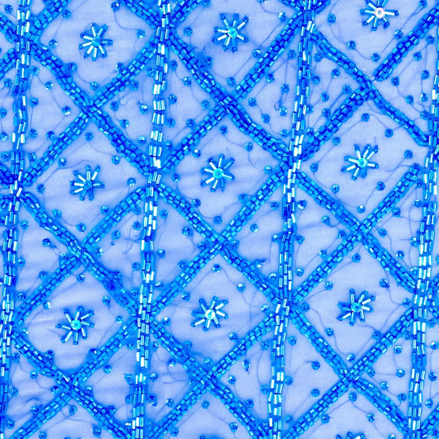 Blue Tulle With Floral and Square Bugle Beads Design Embroidered Fabric