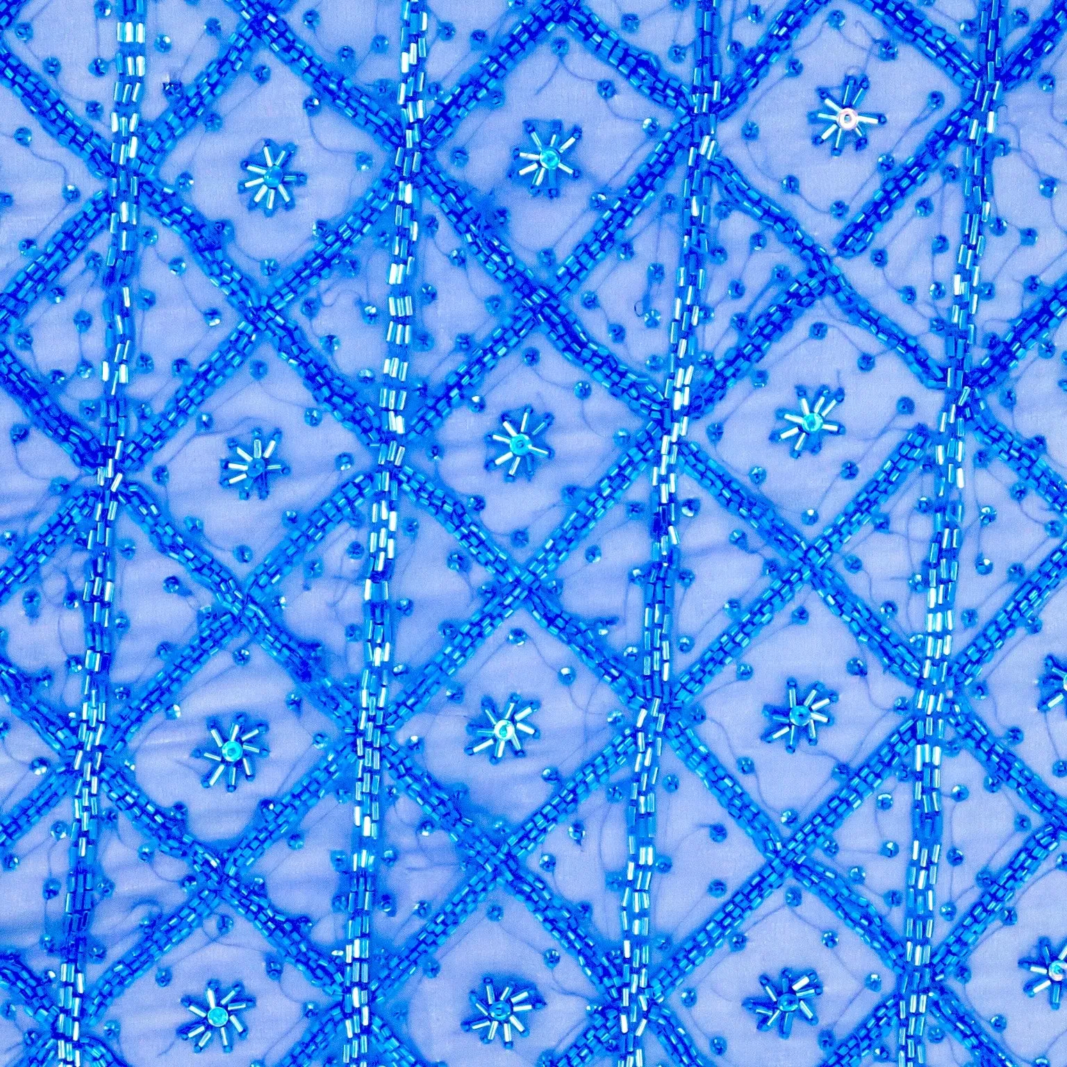 Blue Tulle With Floral and Square Bugle Beads Design Embroidered Fabric