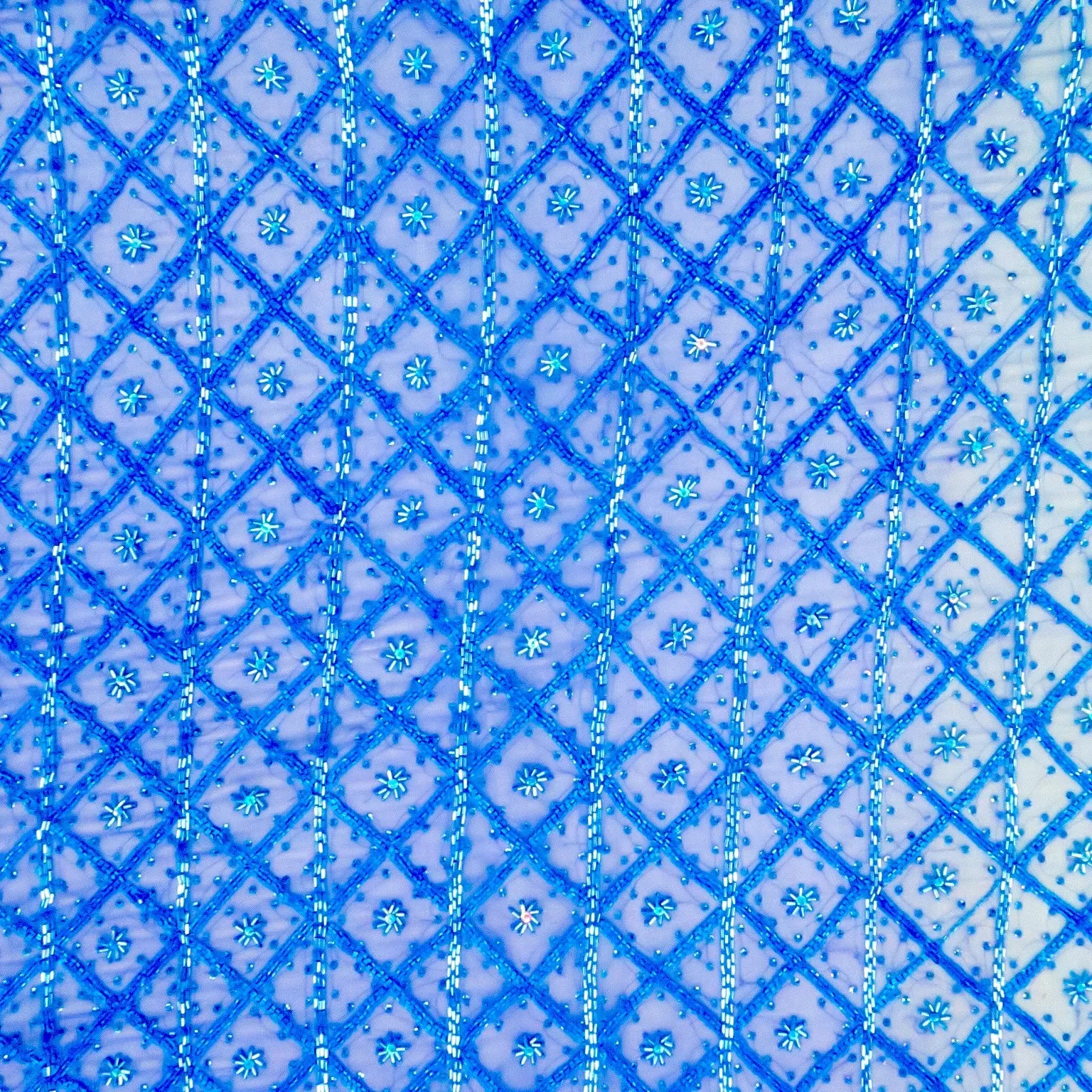 Blue Tulle With Floral and Square Bugle Beads Design Embroidered Fabric