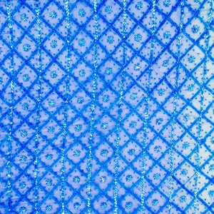 Blue Tulle With Floral and Square Bugle Beads Design Embroidered Fabric