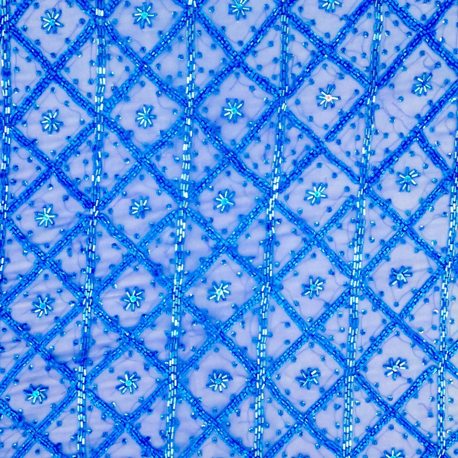 Blue Tulle With Floral and Square Bugle Beads Design Embroidered Fabric