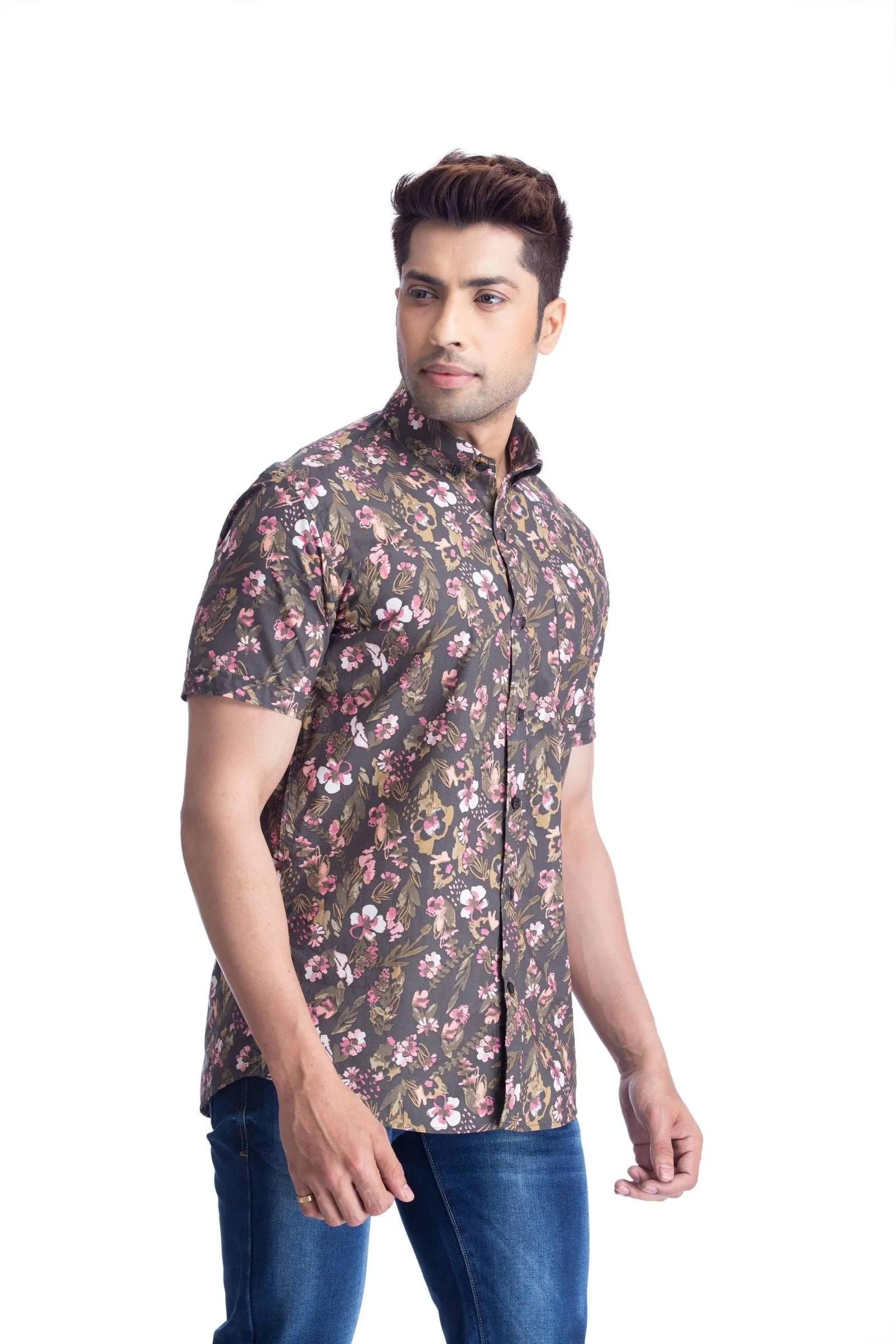 Brown floral half sleeve shirt