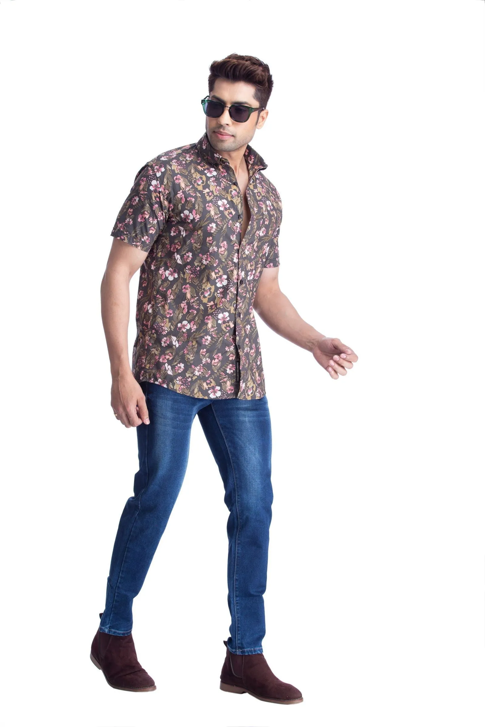Brown floral half sleeve shirt