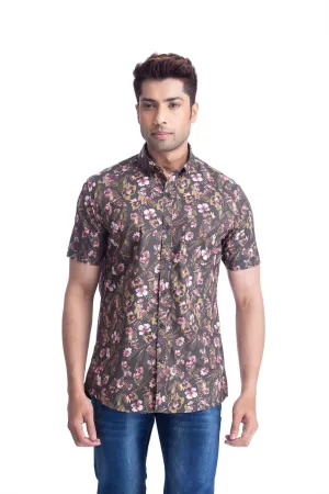 Brown floral half sleeve shirt