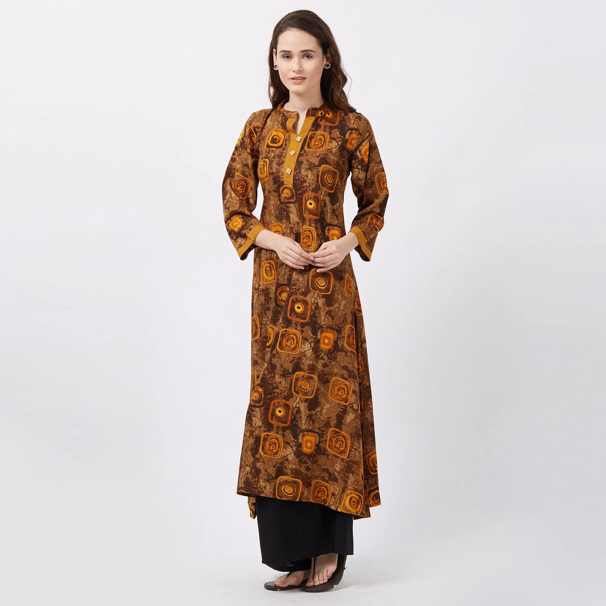 Brown Geometric Printed Rayon Kurti