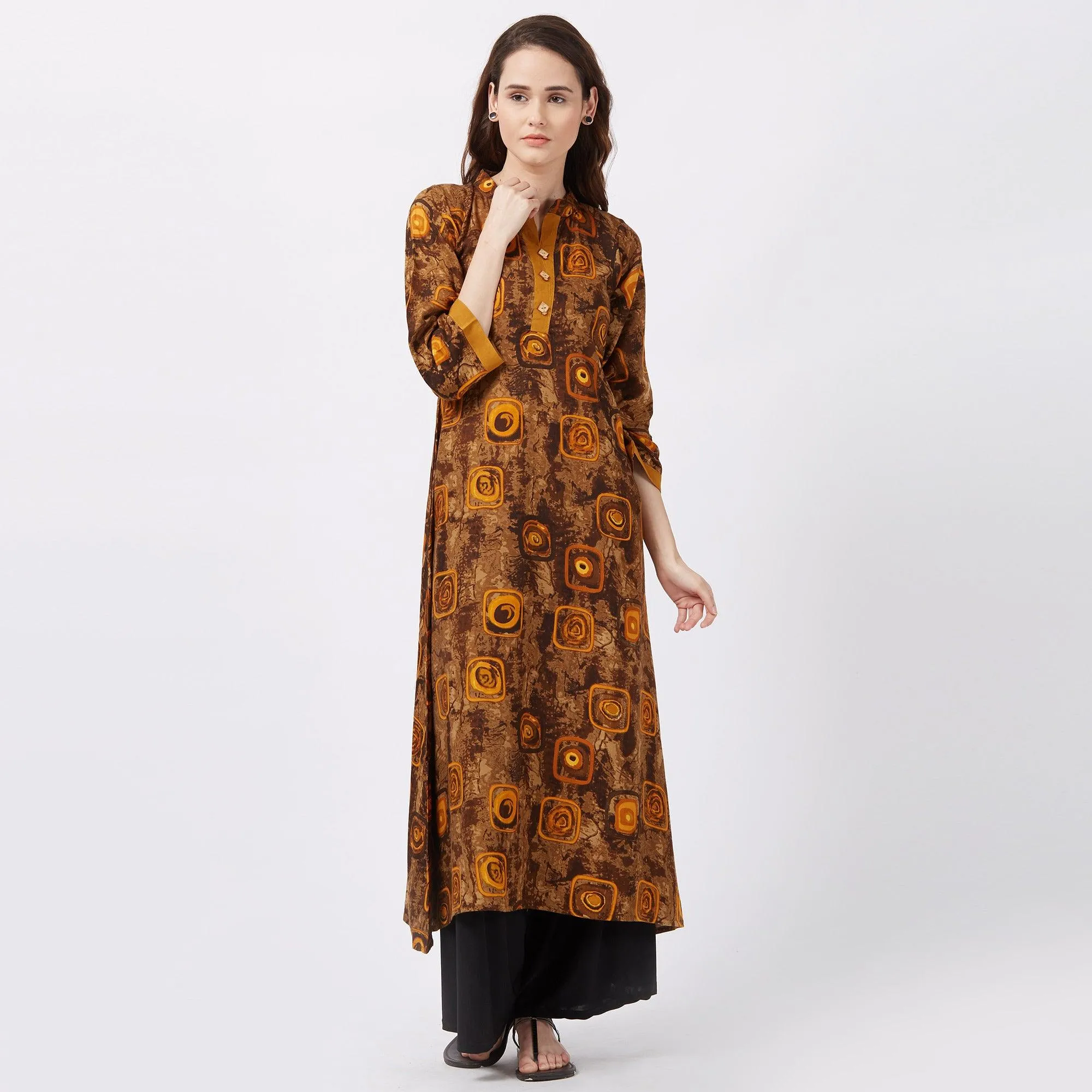 Brown Geometric Printed Rayon Kurti
