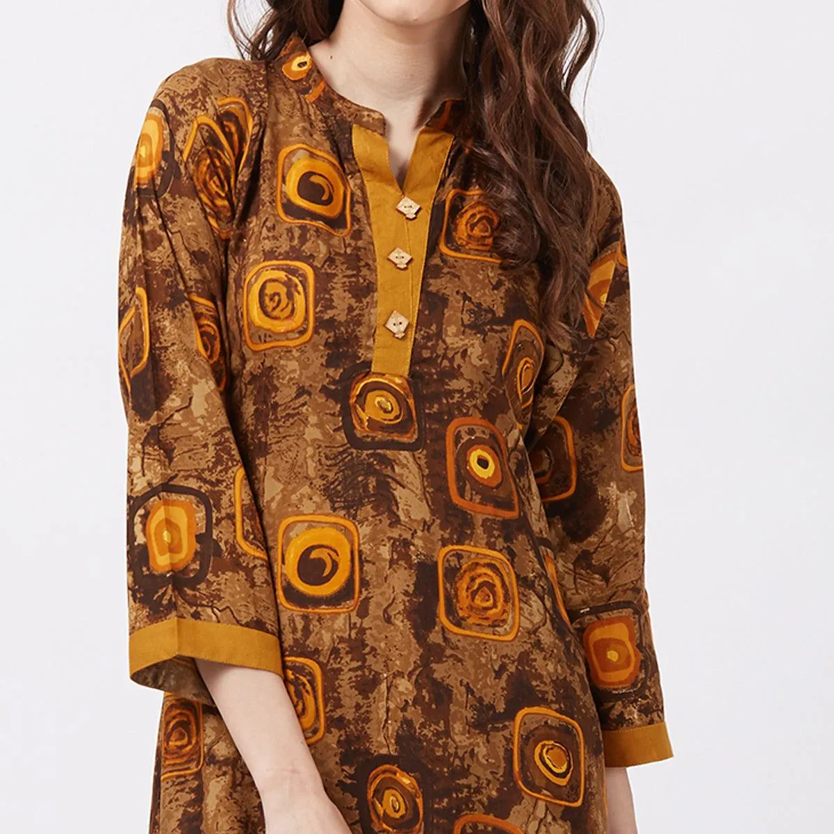 Brown Geometric Printed Rayon Kurti