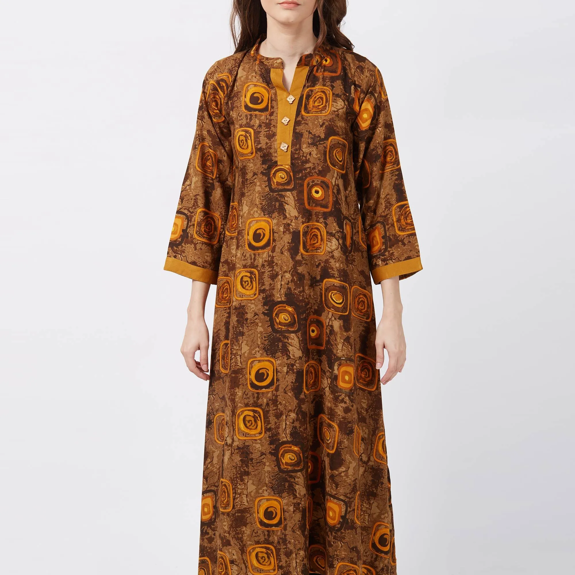Brown Geometric Printed Rayon Kurti