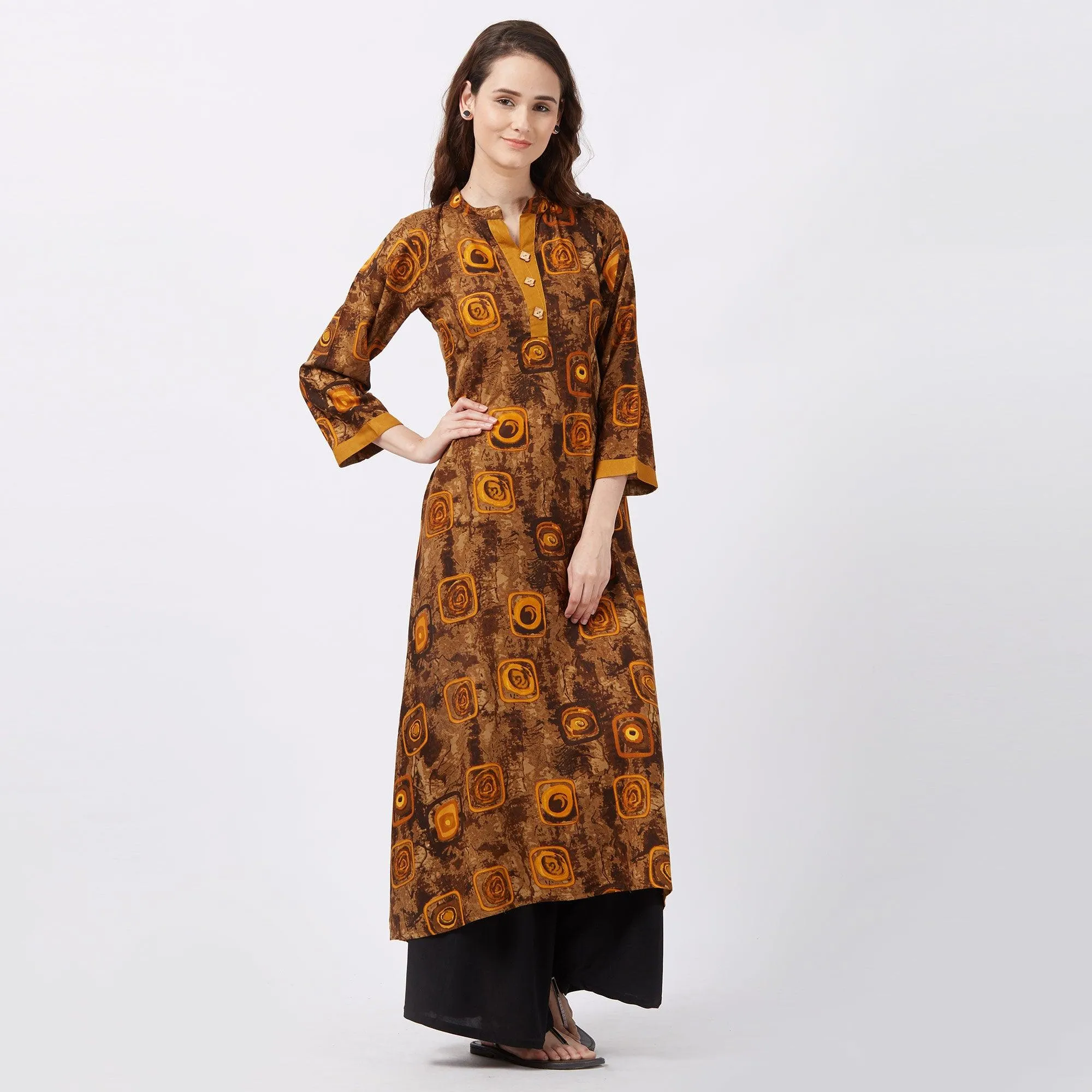 Brown Geometric Printed Rayon Kurti