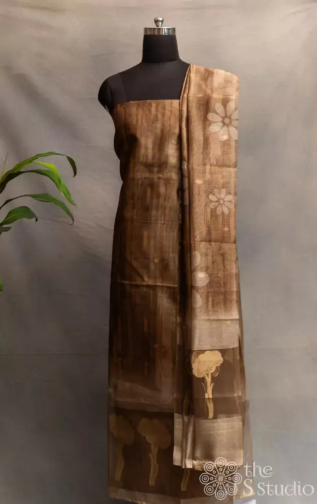 Brown tissue salwar set with golden jamdani weaving