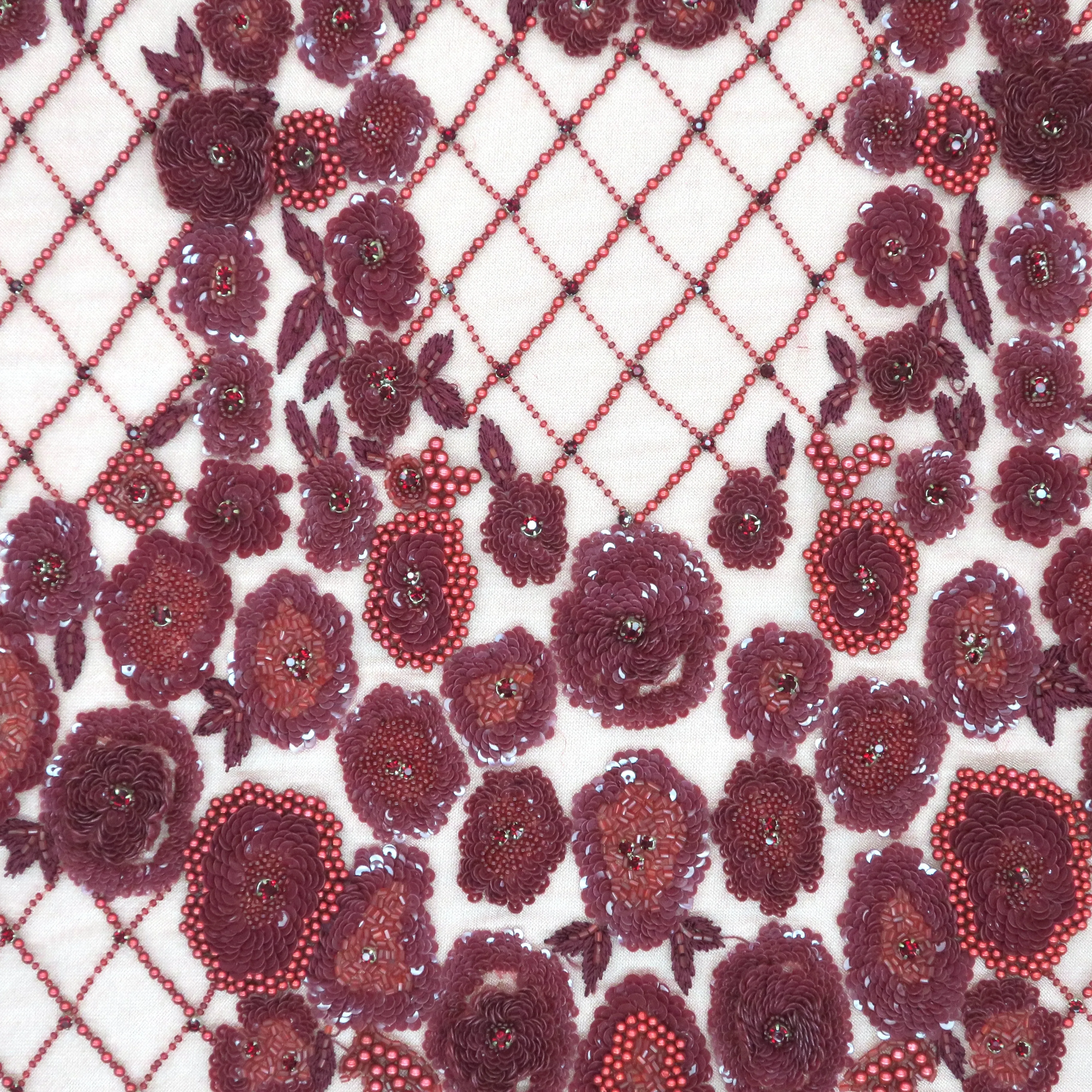 Burgundy Tulle with Bugle Beads Pearls and Floral Sequin Design Embroidered Fabric