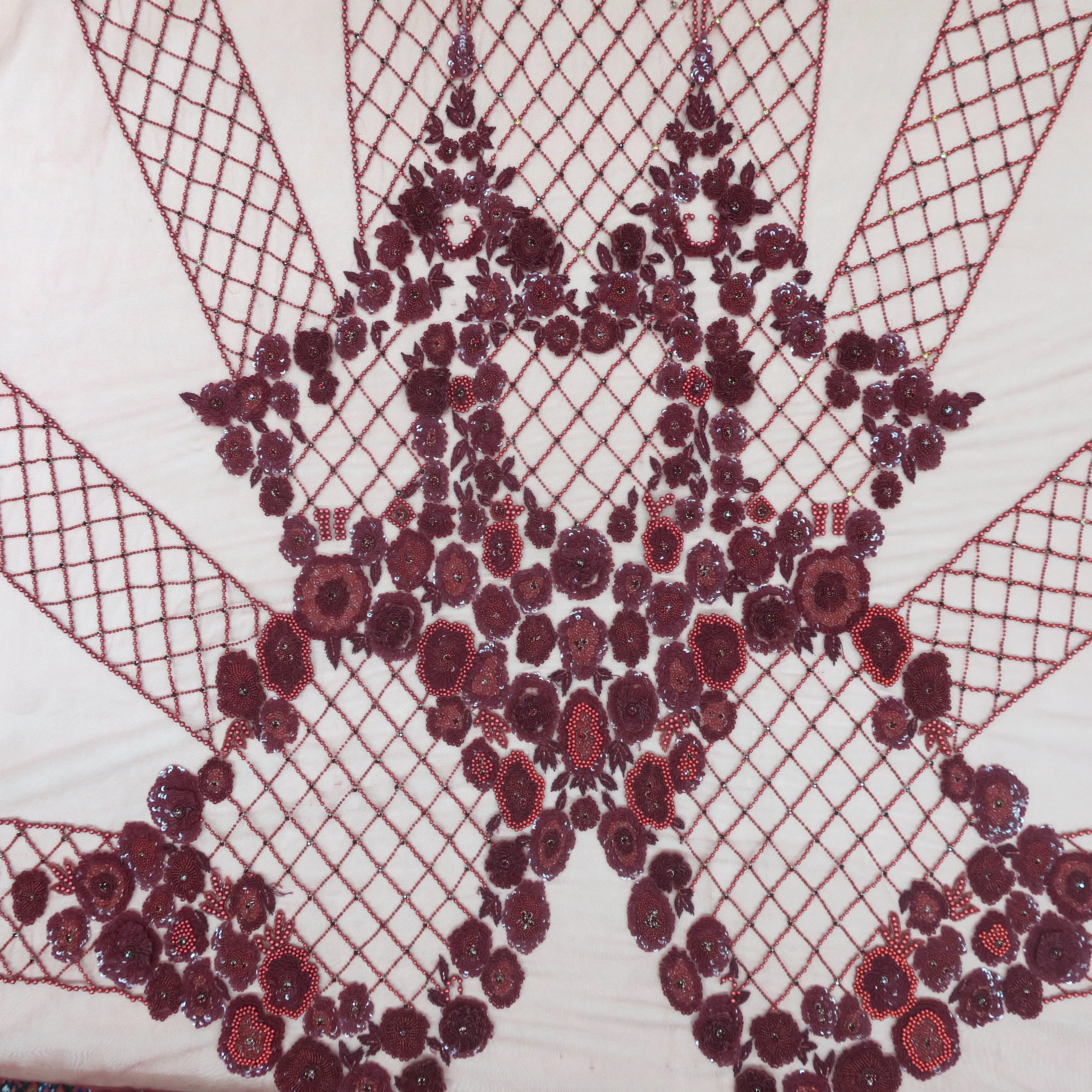 Burgundy Tulle with Bugle Beads Pearls and Floral Sequin Design Embroidered Fabric