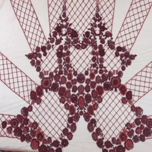 Burgundy Tulle with Bugle Beads Pearls and Floral Sequin Design Embroidered Fabric