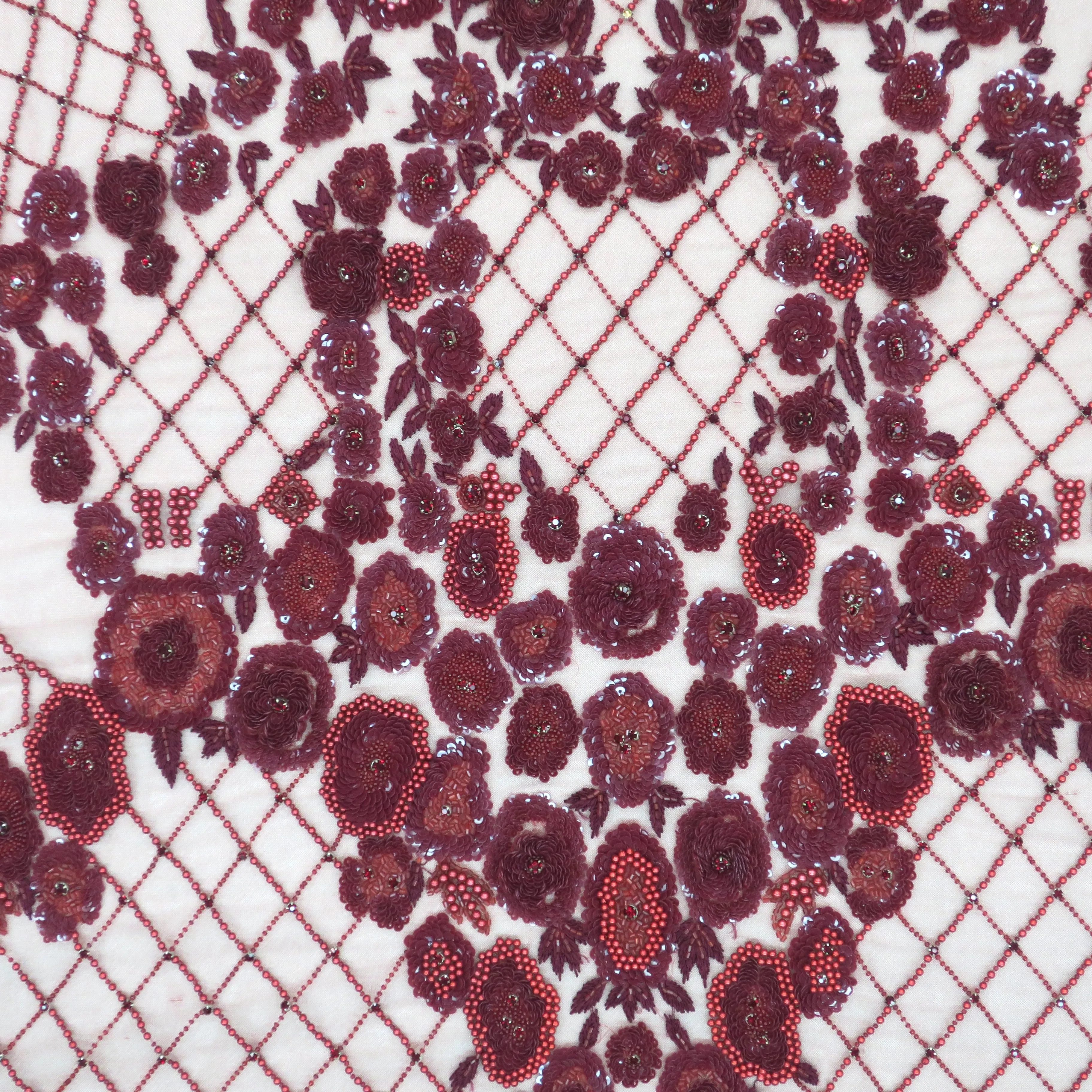 Burgundy Tulle with Bugle Beads Pearls and Floral Sequin Design Embroidered Fabric