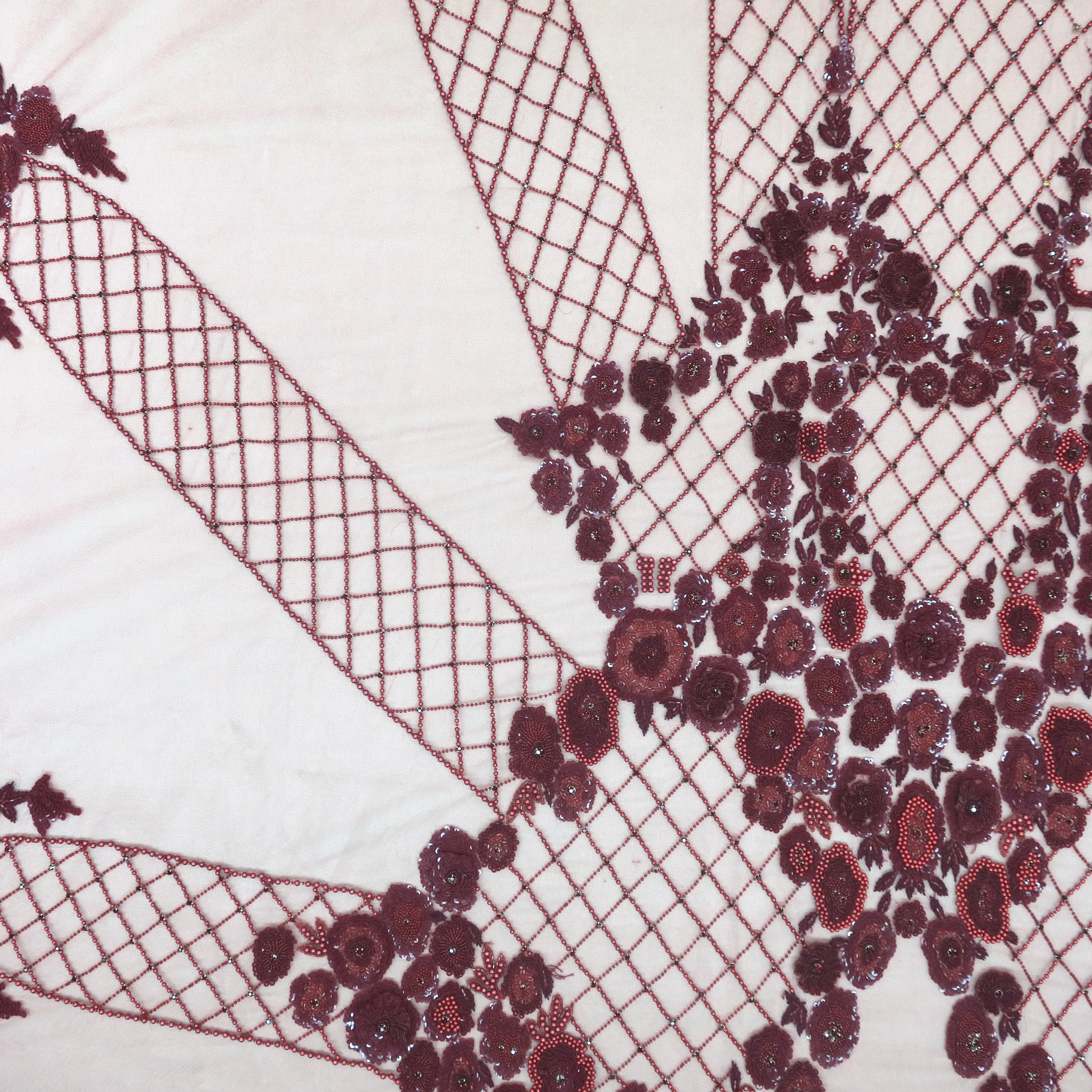 Burgundy Tulle with Bugle Beads Pearls and Floral Sequin Design Embroidered Fabric