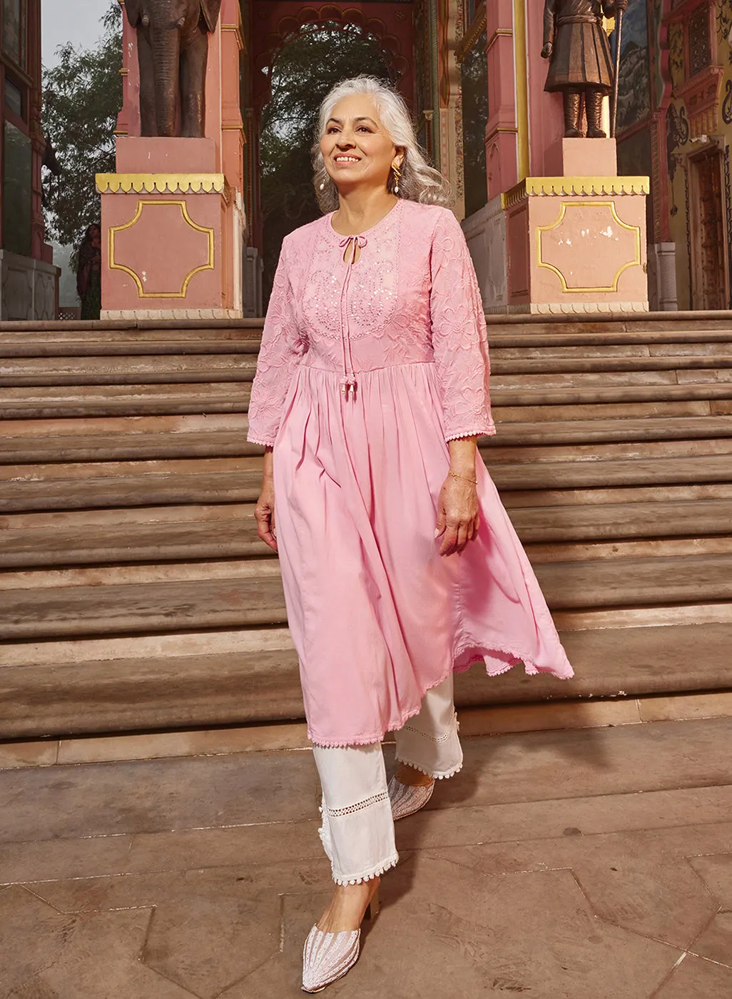 Chandni Blush Pink Embroidered Crinkled Viscose Georgette Designer Kurti for Women