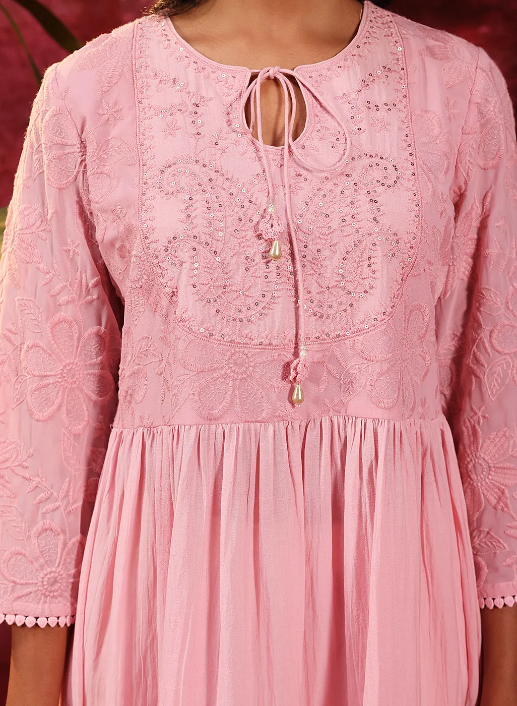 Chandni Blush Pink Embroidered Crinkled Viscose Georgette Designer Kurti for Women