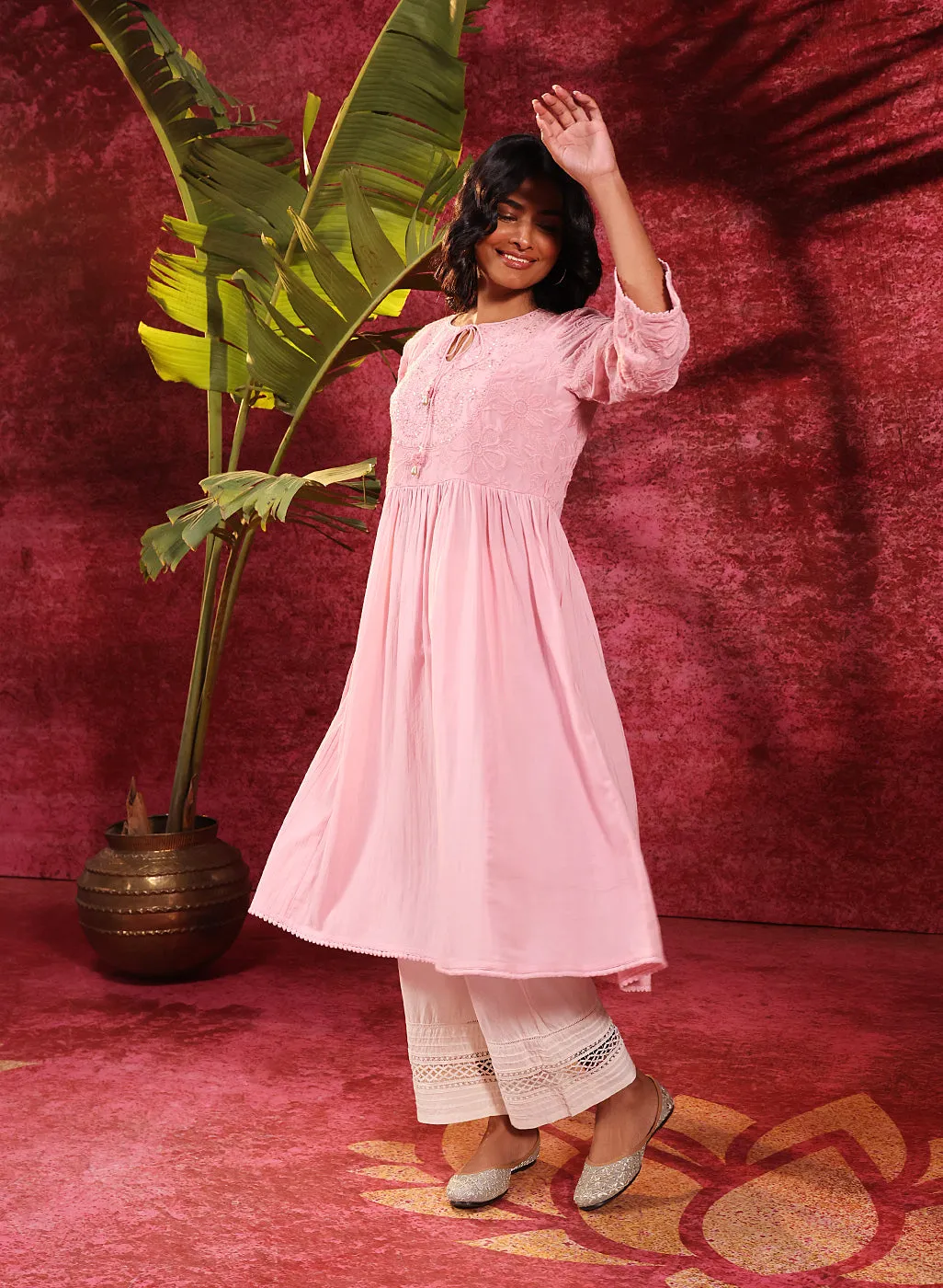 Chandni Blush Pink Embroidered Crinkled Viscose Georgette Designer Kurti for Women