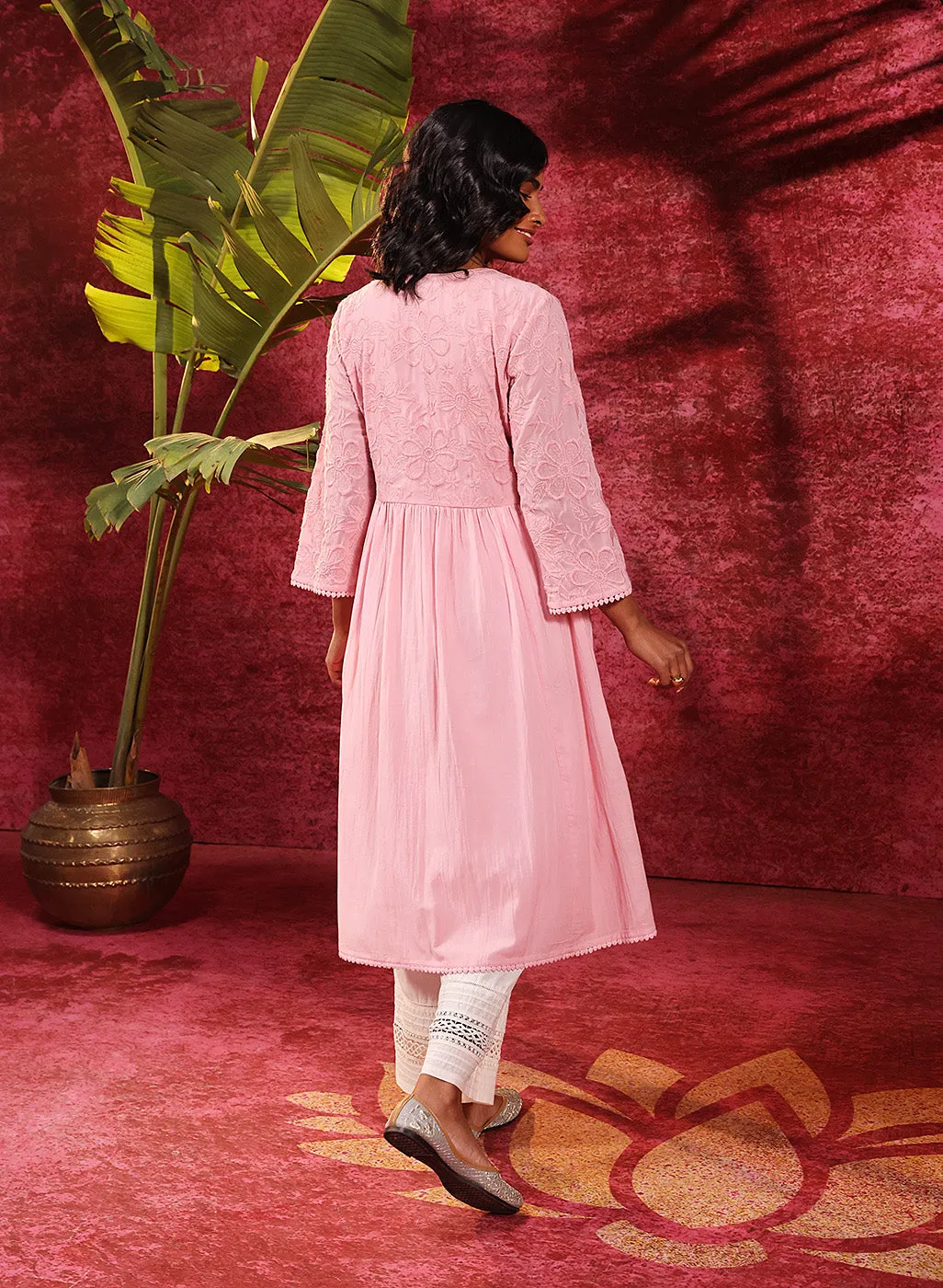 Chandni Blush Pink Embroidered Crinkled Viscose Georgette Designer Kurti for Women