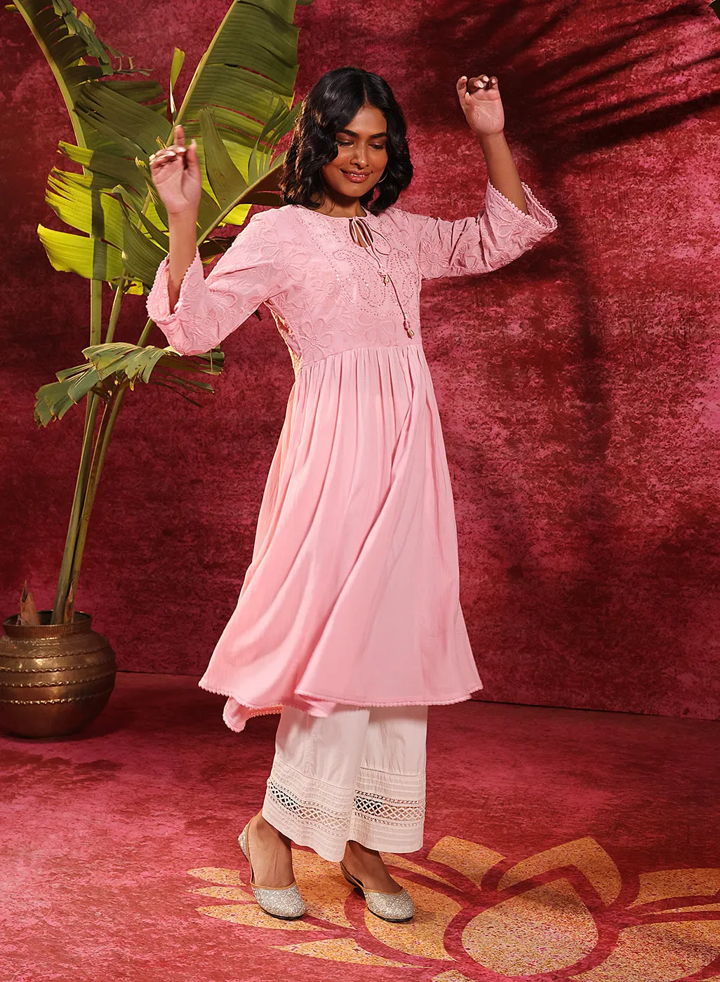 Chandni Blush Pink Embroidered Crinkled Viscose Georgette Designer Kurti for Women