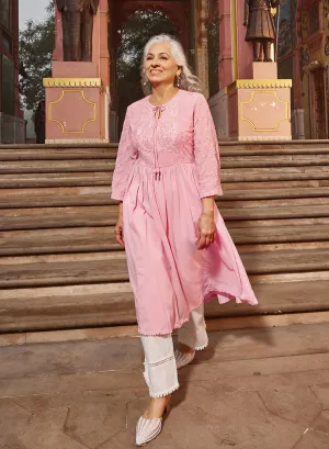 Chandni Blush Pink Embroidered Crinkled Viscose Georgette Designer Kurti for Women
