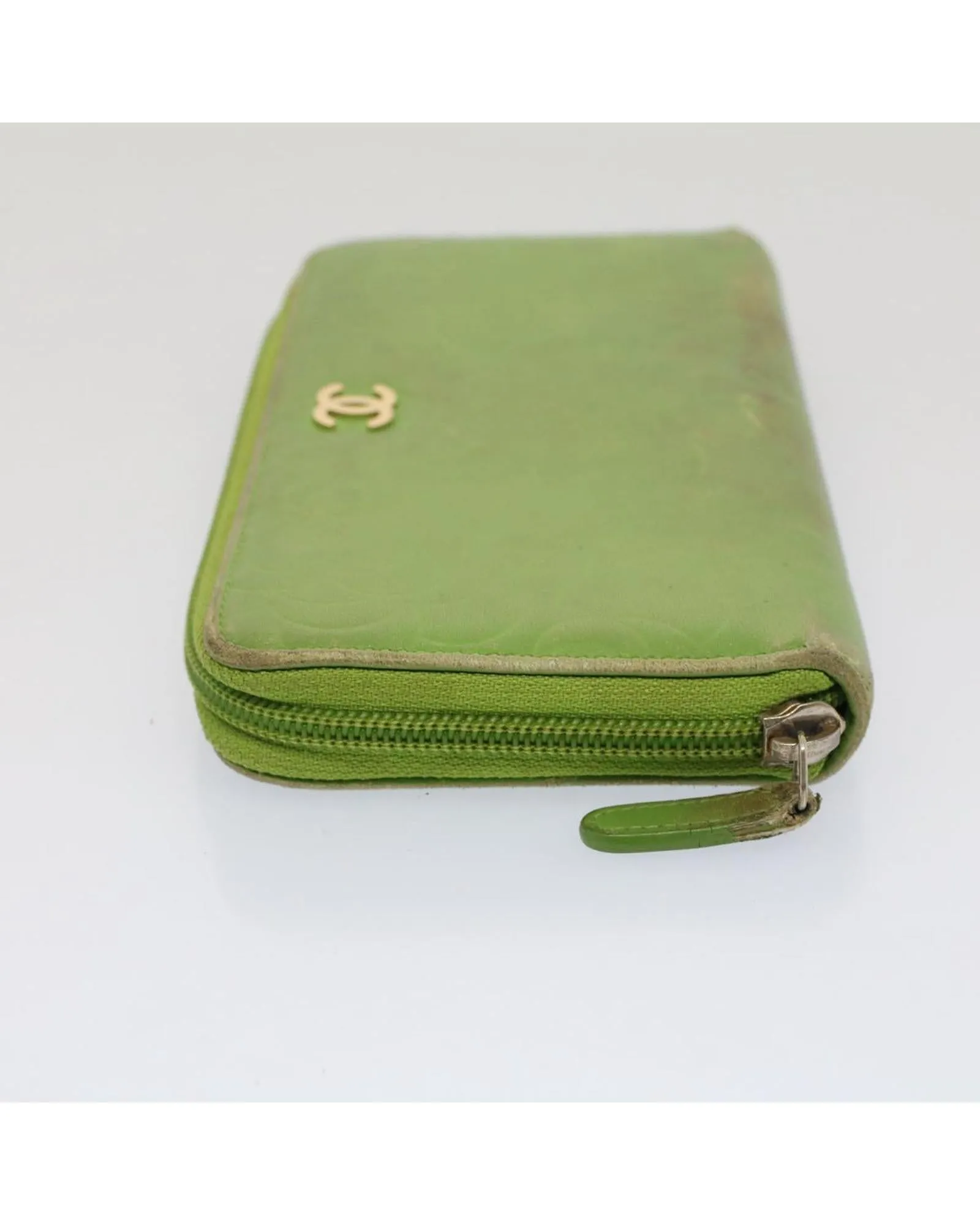 CHANEL Camelia Zip Around Wallet Green Leather