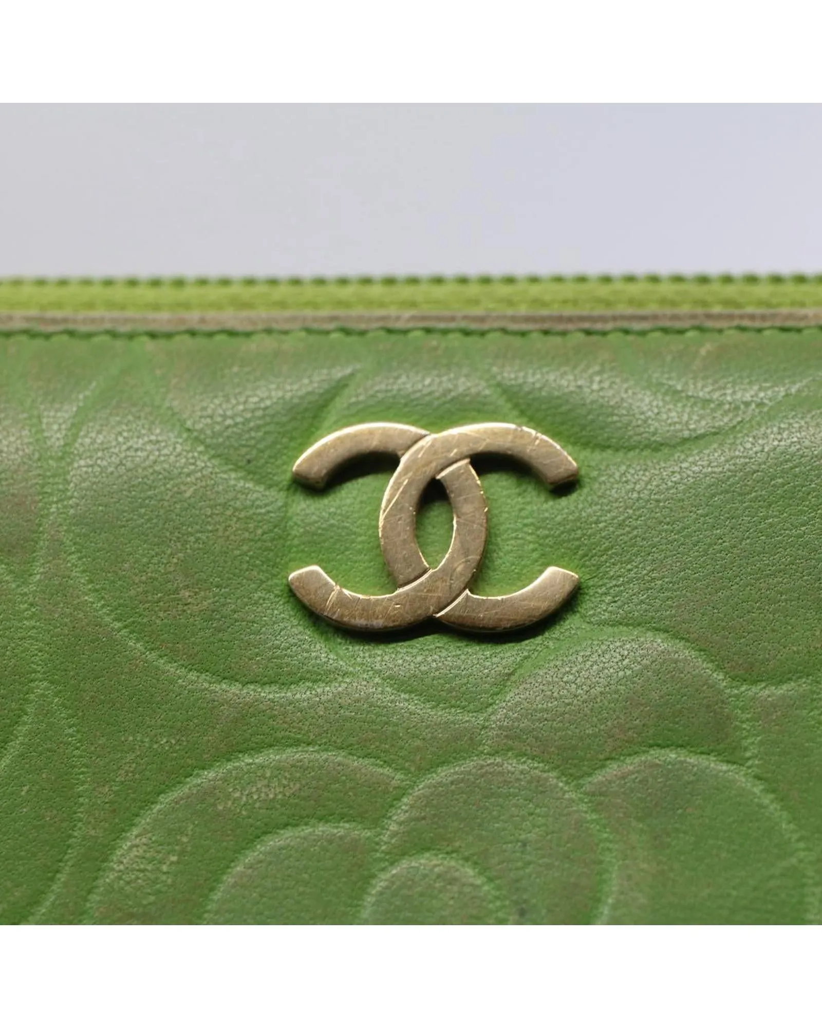 CHANEL Camelia Zip Around Wallet Green Leather