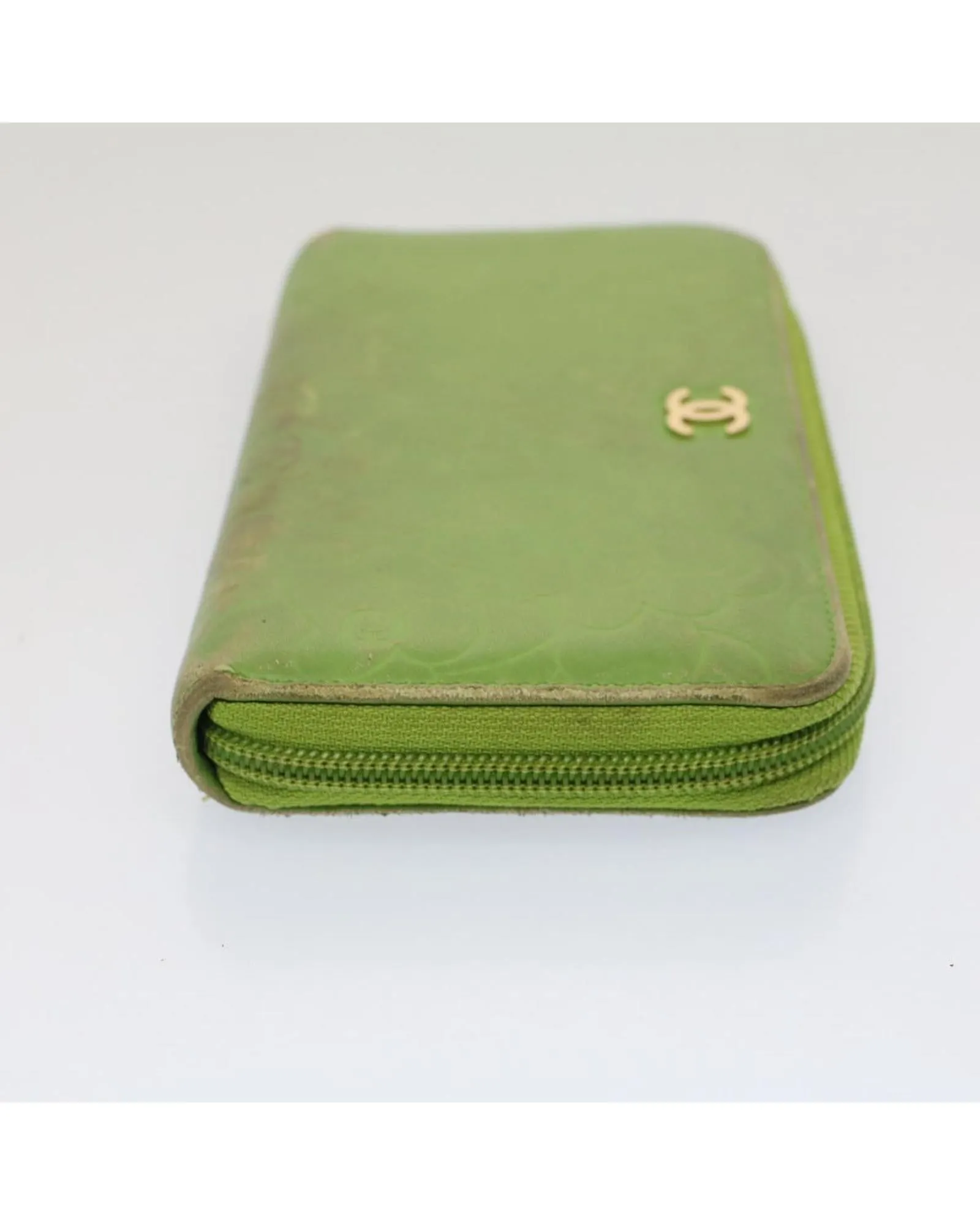 CHANEL Camelia Zip Around Wallet Green Leather