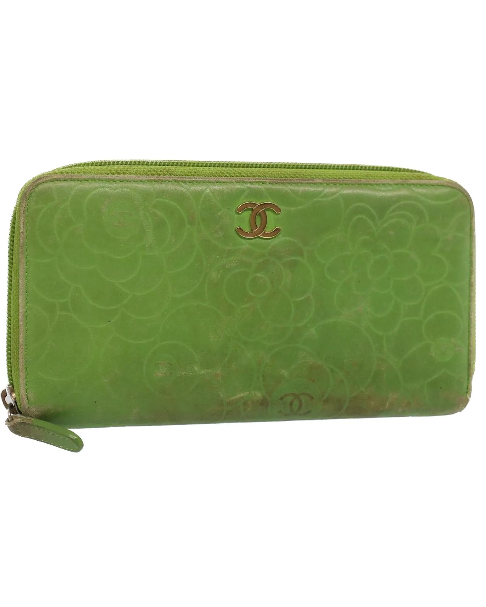 CHANEL Camelia Zip Around Wallet Green Leather