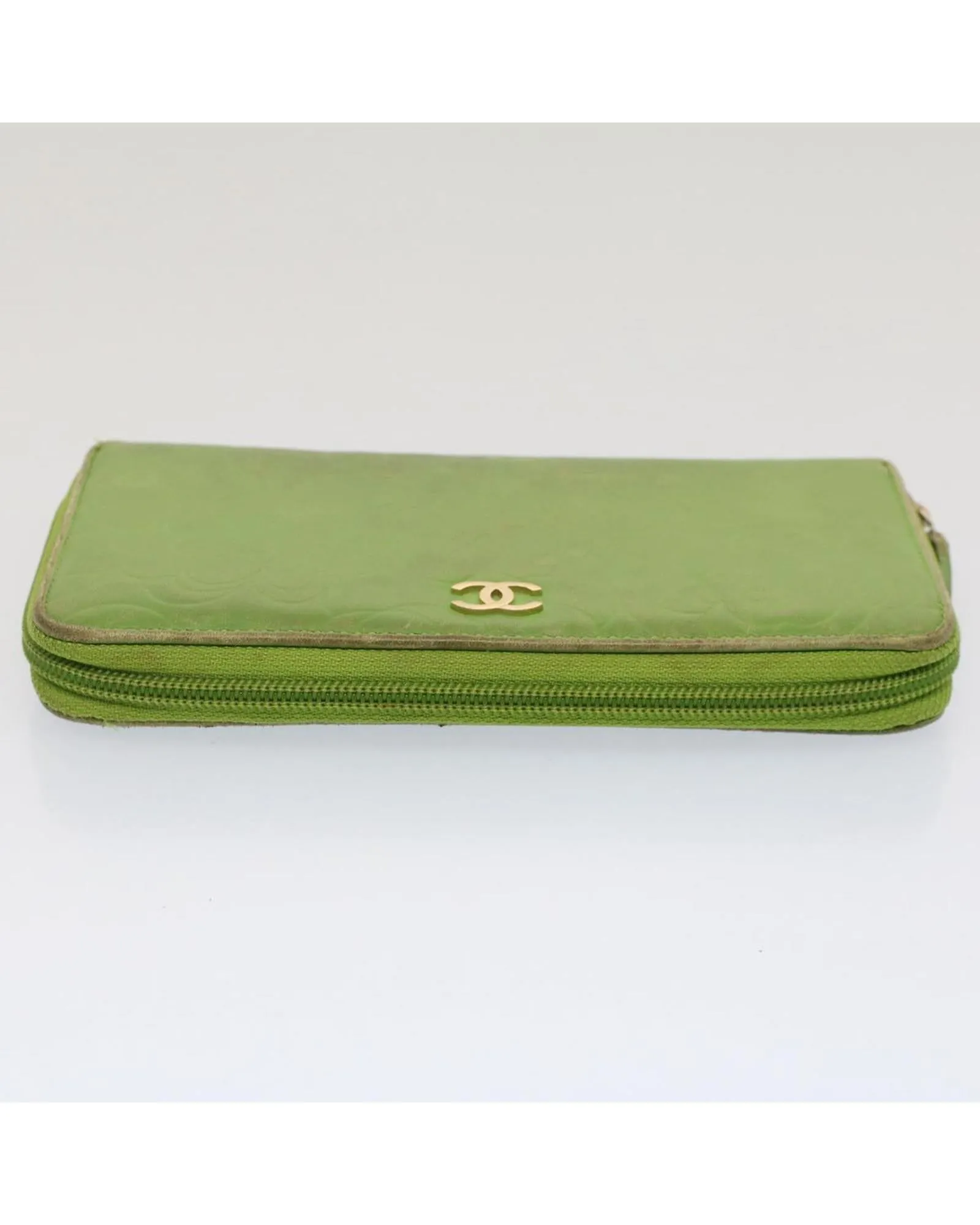 CHANEL Camelia Zip Around Wallet Green Leather