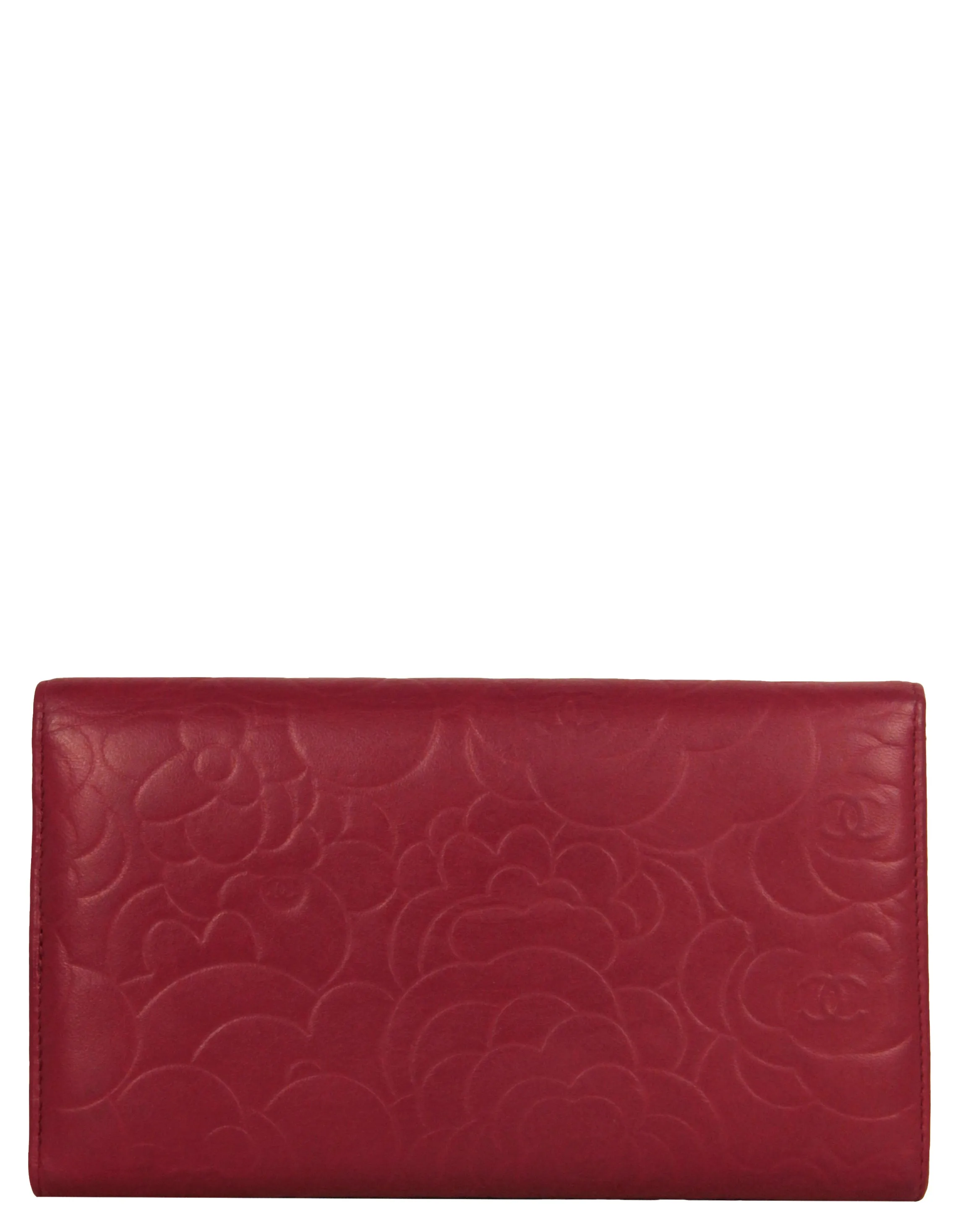 Chanel Red Leather Camelia Embossed Wallet