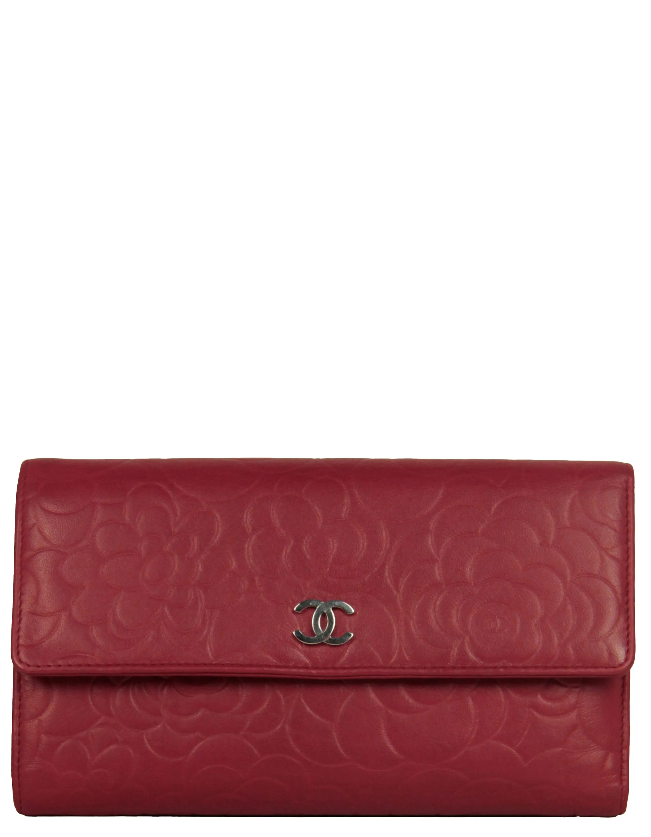 Chanel Red Leather Camelia Embossed Wallet
