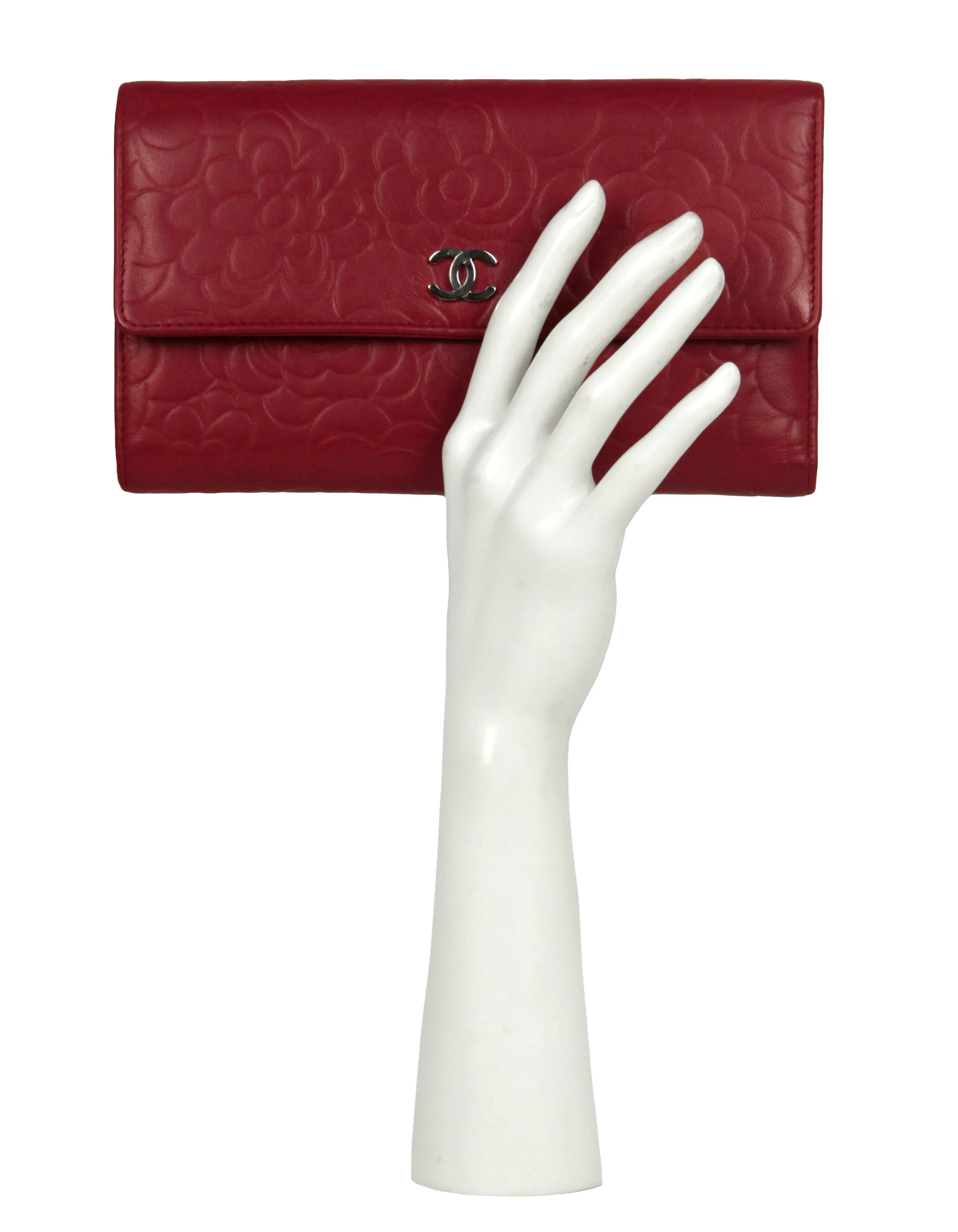 Chanel Red Leather Camelia Embossed Wallet