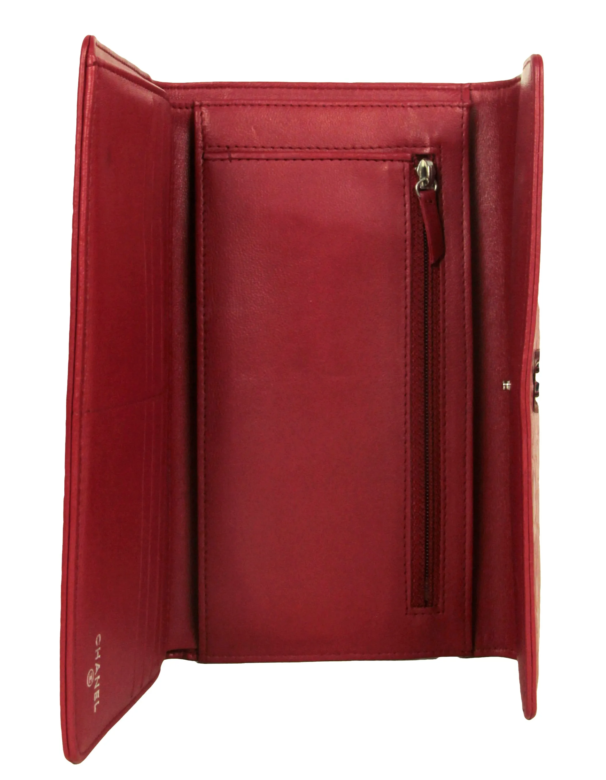 Chanel Red Leather Camelia Embossed Wallet