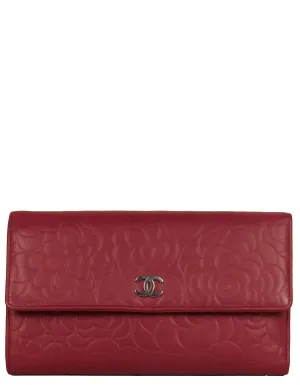 Chanel Red Leather Camelia Embossed Wallet