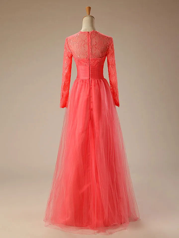 Coral Red Long Sleeves Lace Formal Prom Evening Dress